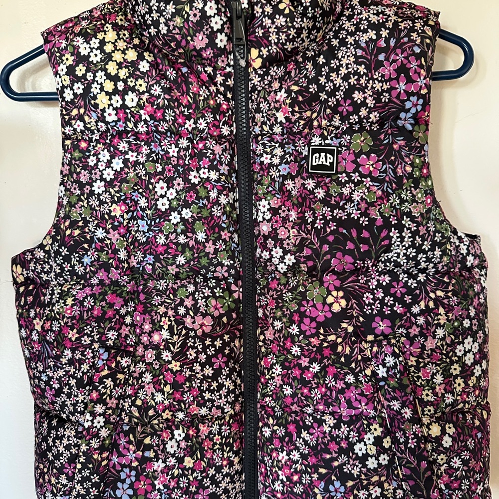 GAP Girls Floral Quilted Vest - Black with Pink & Green Accents